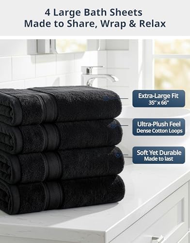 LANE LINEN Large Bath Sheet Set Oversized Soft Absorbent Quick Dry - Black