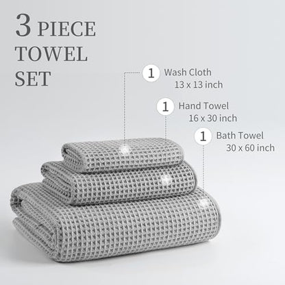 MICROFI New Microfiber Waffle Bath Towels, 3 Pieces, Oversized, Soft, Absorbent, Fast Drying, Lint Free, Includes Bath, Face and Hand Towels 430 GSM