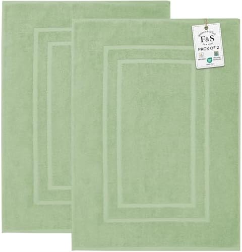 Feather & Stitch 2 Piece Towel Like Bath Mats (30x21 Inch) 100% Cotton Terry Bath Mats, Bathroom Shower Floor Mats [NOT A Bathroom Rug], Soft Absorbent Washable Mats - Pastel Green