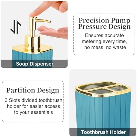 RRM Bathroom Soap Dispenser and Toothbrush Holder Set, Teal Blue