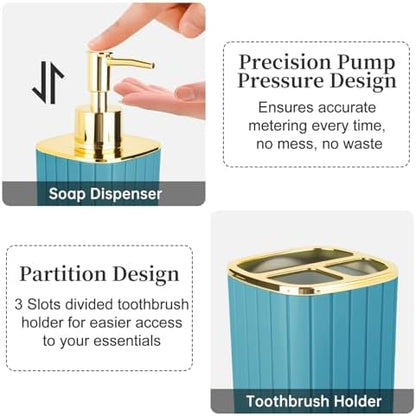 RRM Bathroom Soap Dispenser and Toothbrush Holder Set, Teal Blue