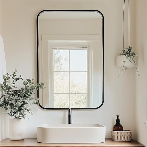 Antok 22x30 Black Metal Framed Bathroom Mirror, Wall Mirror with Round Corners, Vanity Mirror for Over Sink, Anti-Rust Tempered Glass, Horizontal/Vertical Hanging for Bathroom, Living Room, Entryway