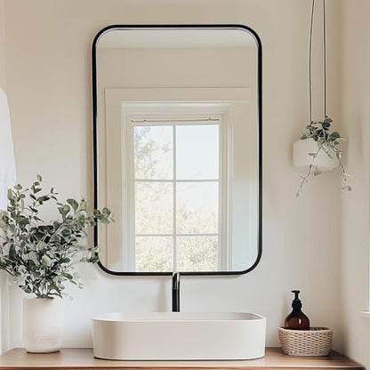 Antok 22x30 Black Metal Framed Bathroom Mirror, Wall Mirror with Round Corners, Vanity Mirror for Over Sink, Anti-Rust Tempered Glass, Horizontal/Vertical Hanging for Bathroom, Living Room, Entryway