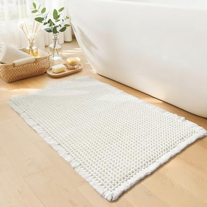 White Bathroom Rugs, Waffle Bath Mat Non Slip Washable, 20" x 32"