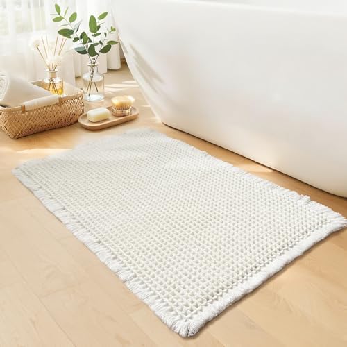 White Bathroom Rugs, Waffle Bath Mat Non Slip Washable, 24" x 36"