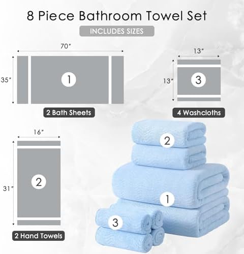 8 Piece Bath Towel Set Blue|2 Oversized Large Bath Sheet,2 Hand Towels,4 Washcloths| Ultra Soft Cozy Bath Towel Set for Bathroom Hotel Gym Spa,Highly Absorbent & Quick Dry Bathroom Towel Collections