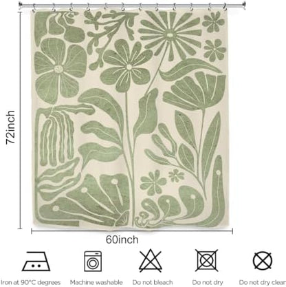 Sage Green Matisse Flower Shower Curtain 60Wx72L Inch Abstract Retro Minimalist Vintage 70s Aesthetic Bathroom Set Accessories Decor with 12 Pack Hooks