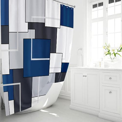 BTTN 72x84 Tall Geometric Waterproof Fabric Shower Curtain Set, Navy Blue