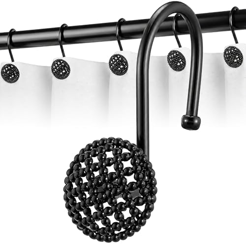Pearlbee Matte Black Shower Curtain Hooks Rings, 12PCS, Heavy Duty Design