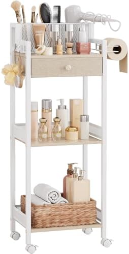3 Tier Bathroom Organizer Shelf with Drawer, Rolling Makeup Cart