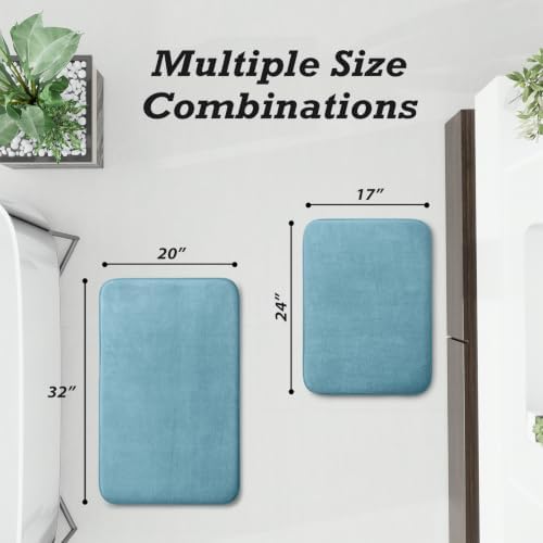 HUXMEYSON Bathroom Rugs Sets 2 Piece, Non-Slip & Quick Dry Bath Mat Set, Ultra Soft Velvet Bath Rugs for Bathroom, Toilet and Shower Floor, Lake Blue