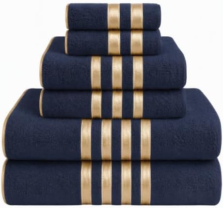 6-PCS Coral Fleece Microfiber Towel Set with Gold Stripes, Super Absorbent, Multiple Colors Available for Home, Bathroom, Hotel & Gym (6, Dark Gray)
