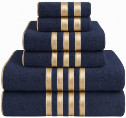 6-PCS Coral Fleece Microfiber Towel Set with Gold Stripes, Super Absorbent, Multiple Colors Available for Home, Bathroom, Hotel & Gym (6, Dark Gray)