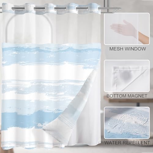 No Hook Shower Curtain with Liner, Light Blue Stripe, 71x74 Inch