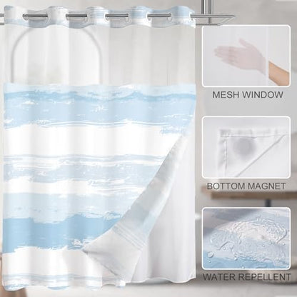 No Hook Shower Curtain with Liner, Light Blue Stripe, 71x74 Inch