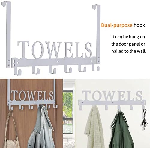 Over The Door Hooks, Towel Rack for Bathroom, Door Mount Towel Hooks Bath Towel Hanger for Bedroom Kitchen Pool Beach Towels Bathrobe Wall Mount Towel Holder for Bathrooms (6 Hooks, Silver Grey)