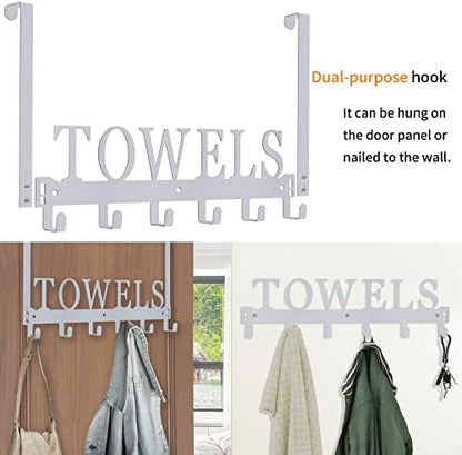 Over The Door Hooks, Towel Rack for Bathroom, Door Mount Towel Hooks Bath Towel Hanger for Bedroom Kitchen Pool Beach Towels Bathrobe Wall Mount Towel Holder for Bathrooms (6 Hooks, Silver Grey)