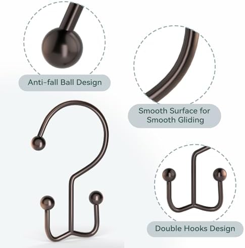 Goowin Shower Curtain Hooks, 12 Pcs Shower Curtain Rings, Durable Shower Curtain Rings Rust Proof, Double Glide Shower Rings for Curtain, Simple Shower Hooks for Shower Curtain & Liner, Bronze