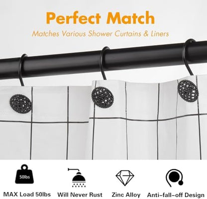 Pearlbee Matte Black Shower Curtain Hooks Rings, 12PCS, Heavy Duty Design