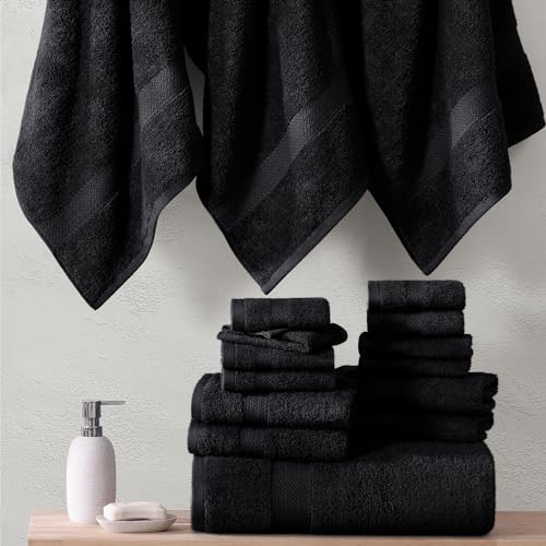 LANE LINEN Bath Towel Set Quick Dry 100% Cotton 18 Piece Soft - Black