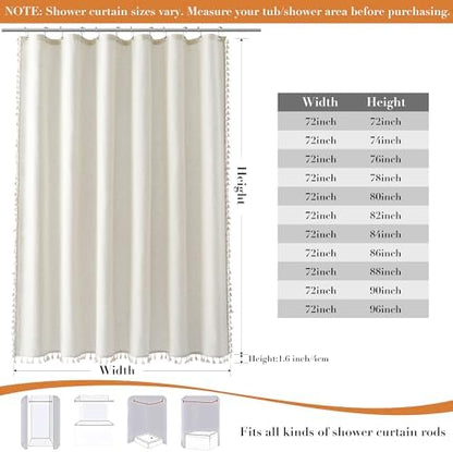 Nanspring Extra Long Cream Boho Linen Shower Curtain 84 Inches Vintage Country Cute Tassel Shower Curtains Set with Hooks for Bathroom Modern Farmhouse Cloth Shower Curtain Waterproof 72x84, Natural