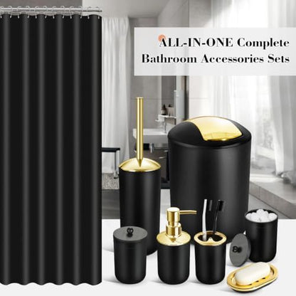Bathroom Set, 20Pcs Bathroom Shower Curtain Sets with Hooks, Black Bathroom Accessories Set with Trash Can, Bathroom Accessories Sets Complete with Shower Curtain Set, Bathroom Accessory Set