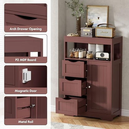 JUMMICO Bathroom Floor Cabinet, Wooden Free-Standing Storage Organizer with 1 Door and 3 Drawers, Bathroom Storage Cabinet for Living Room/Kitchen/Hallway/Home Office (Espresso, 3 Drawers)