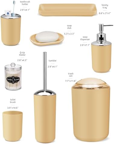 IMAVO Bathroom Accessories Set,Yellow Bathroom Set,9 Pieces Bathroom Accessory Set,Tray,Qtip Holders,Toilet Brush,Trash Can for Bathroom Décor and Home Gifts