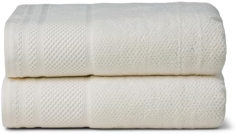 Texere 100% Organic Cotton Rice Weave Jacquard 700 GSM Luxury Bath Towel Sets - Ultra Soft and Absorbent Hotel and Spa Quality (Rice Weave, Cream, 2 Bath Towels)