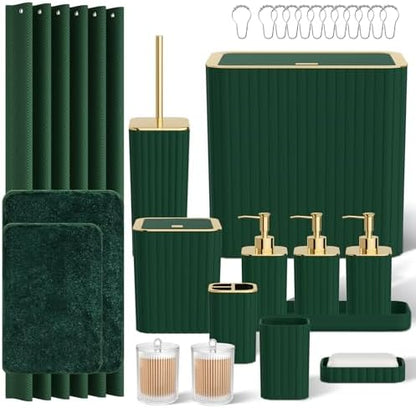 Bathroom Sets with Shower Curtain and Rugs - Elegant Bathroom Set, 27PC Bathroom Accessories Set, Green Bathroom Set, Mini Trash Can, Toilet Brush, Trash Can & Soap Dispenser