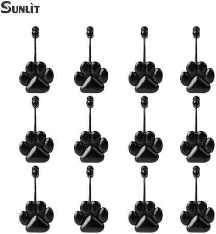 Sunlit Fashion Design Cute Paw Print Polished Double Shower Curtain Hooks for Dog Cat and Bear, Rust Proof Oil Metal Shower Curtain Rings, Black-12 Pack
