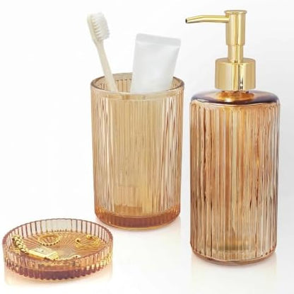 3 Pcs Brown Bathroom Accessories Set, Glass Bathroom Set, Soap Dispenser, Toothbrush Holder, Jewelry Tray, Crystal Modern Bathroom Decor, Housewarming Gift Set