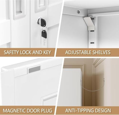 47" Metal Garage Storage Locker Cabinet with Wheels,Rolling White Kitchen Pantry Cabinet with 2 Doors and 3 Adjustable Shelves, Steel File Tool Cabinet for Home Office Living Dinning Room Warehouse