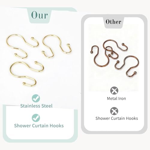 Goowin Shower Curtain Hooks, 12 Pcs Shower Curtain Rings, Stainless Steel Shower Curtain Hangers, Gold Shower Curtain Hooks Rings Rust Proof, Minimalist Shower Hooks for Shower Curtain, Gold