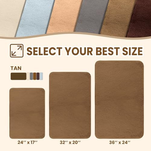 TECHMILLY Fluffy Bathroom Rug Mat 32x20, Absorbent Thick Non Slip Microfiber Mats, Quick Dry Machine Washable Bath Rug for Bathroom Floor, Bathtub and Shower, Tan