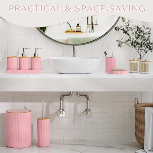 10PC Bathroom Accessories Set - Pink and Wooden Bathroom Sets