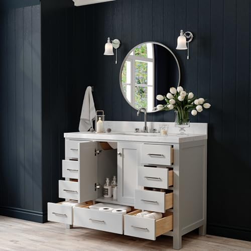 ARIEL Cambridge 48-inch Bathroom Vanity with Sink,Solid Wood, 1.5-inch Carrara White Quartz Countertop, Single Rectangular Porcelain Sink, 2 Soft Closing Doors, 9 Dovetail Drawers, Grey