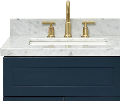 ARIEL Hamlet 60-inch Bathroom Vanity with Sink,Solid Wood, 1.5-inch Italian Carrara Marble Countertop, Double Rectangular Porcelain Sink, 4 Soft Closing Doors, 3 Dovetail Drawers, Midnight Blue