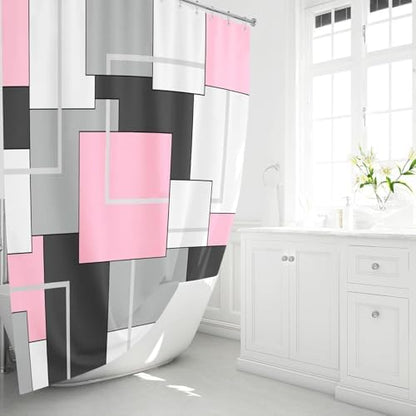 BTTN 36x72 Half Modern Geometric Waterproof Fabric Shower Curtain Set, Pink