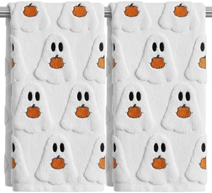 2 Pack Halloween Hand Towels 100% Cotton Jacquard Ghost and Pumpkin Halloween Kitchen Towels White Bathroom Towels Set Seasonal Bathroom Decor(Ghost and Pumpkin)