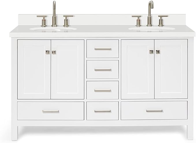 ARIEL Cambridge 60-inch Bathroom Vanity with Sink,Solid Wood, 1.5-inch Pure White Quartz Countertop & Backsplash, Double Oval Porcelain Sink, 4 Soft Closing Doors, 6 Dovetail Drawers, White