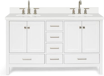 ARIEL Cambridge 60-inch Bathroom Vanity with Sink,Solid Wood, 1.5-inch Pure White Quartz Countertop & Backsplash, Double Oval Porcelain Sink, 4 Soft Closing Doors, 6 Dovetail Drawers, White