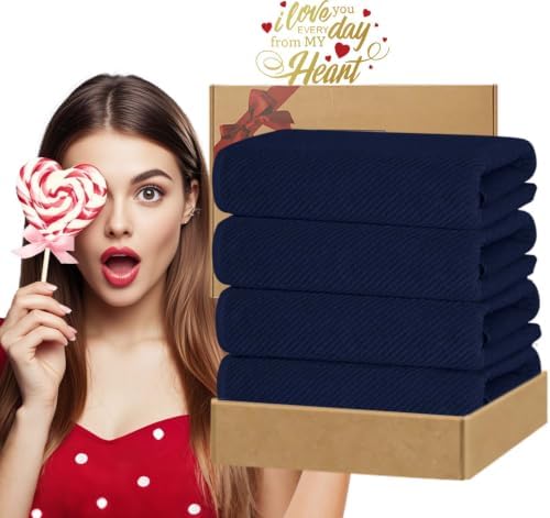 VOOVA & MOVAS Bath Towels 4PC, 100% Cotton, 30x56 in, Navy Blue