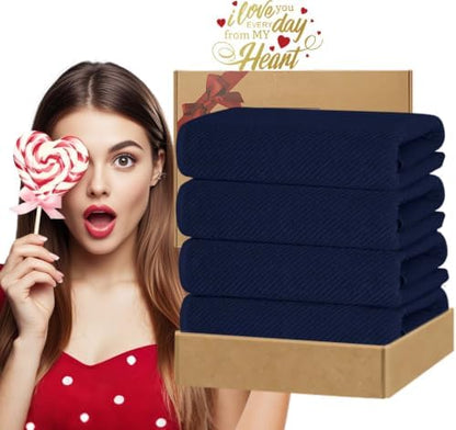 VOOVA & MOVAS Bath Towels 4PC, 100% Cotton, 30x56 in, Navy Blue
