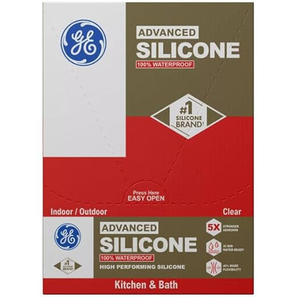 GE Advanced Silicone Caulk for Kitchen & Bathroom, Clear, 2.8 fl oz Tube, 12 Pack - 100% Waterproof Silicone Sealant, 5X Stronger Adhesion, Shrink & Crack Proof