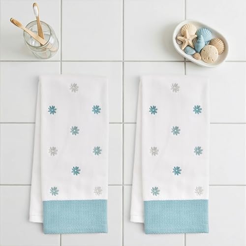 Ritz 2-Piece Cotton Velour Hand Towel Set, Embroidered Allover Daisies, White & Aqua Blue Floral Decorative Bathroom Towels for Cottage, Spa, or Summer Home Decor, 16 in x 26 in