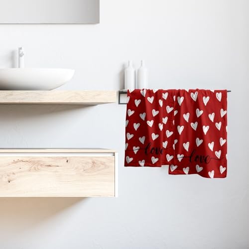 Love Hearts Hand Towel Set of 2, Cute Valentine's Day Red Soft Absorbent Dish Tea Towels Washcloths 14x28 Inch Home Hotel Kitchen Bathroom Wedding Anniversary Decor