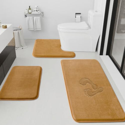 HUXMEYSON Bathroom Rugs Sets 3 Piece, Non-Slip & Quick Dry Bath Mat Set, Ultra Soft Velvet Bath Rugs for Bathroom, Toilet and Shower Floor, Khaki