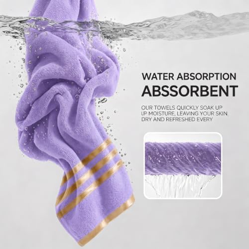 6-PCS Coral Fleece Microfiber Towel Set with Gold Stripes, Super Absorbent, Multiple Colors Available for Home, Bathroom, Hotel & Gym (6, Purple)