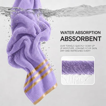 6-PCS Coral Fleece Microfiber Towel Set with Gold Stripes, Super Absorbent, Multiple Colors Available for Home, Bathroom, Hotel & Gym (6, Purple)